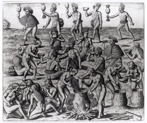 Indiske kvinder forbereder maniokrod, indgraveret af Theodore de Bry (1528-98), fra 